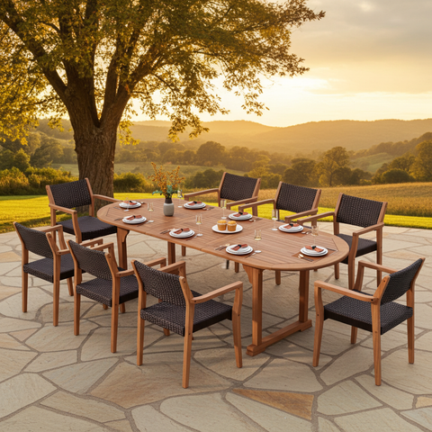 7/9 Piece Outdoor Acacia Wood Dining Set with Extendable Table and Rattan Chairs