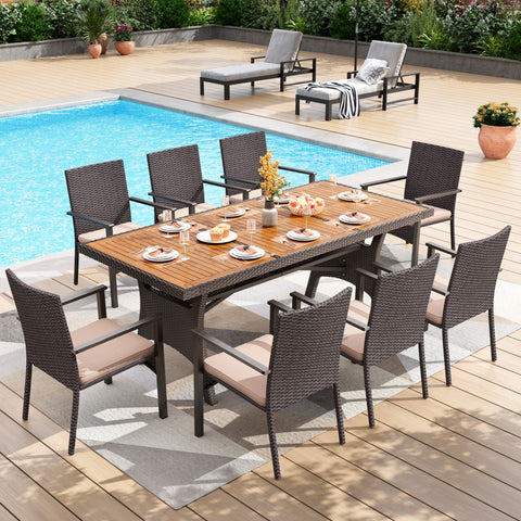 7 Piece Acacia Wood Outdoor Dining Set with Wicker Rattan Brown Haiti Chairs-PHI VILLA