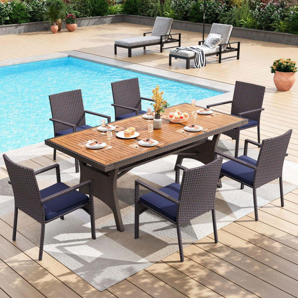 7 Piece Acacia Wood Outdoor Dining Set with Wicker Rattan Haiti Chairs-PHI VILLA