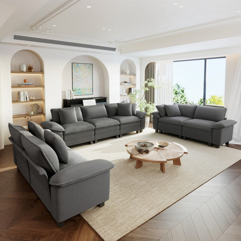 Modern living room with 7 seater gray sectional sofa