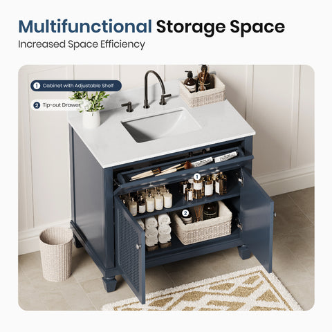 36" Free Standing Single Bathroom Vanity with Engineered Marble Top, Ceramic Sink, Backsplash