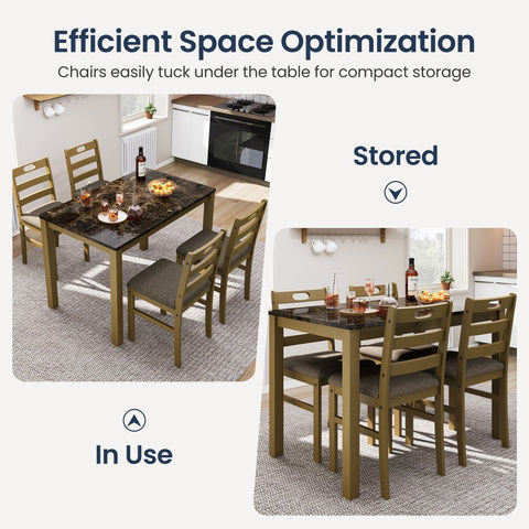 5-Piece Modern Farmhouse Dining Set with Faux Marble Tabletop & Rubber Wood Chairs