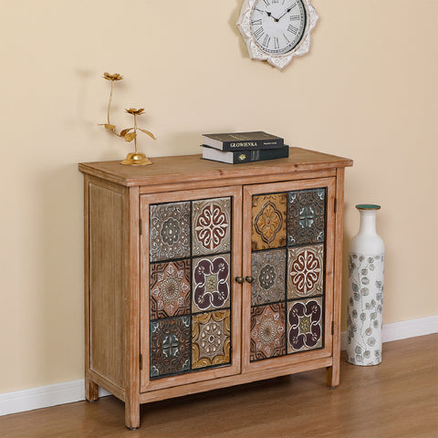 Antique Metal Block Veneer Accent Cabinet