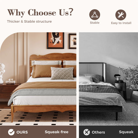 Classic Wooden Bed Frame with Rattan Headboard