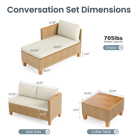 Outdoor Rattan Conversation Sofa Set with Acacia Wood Coffee Table