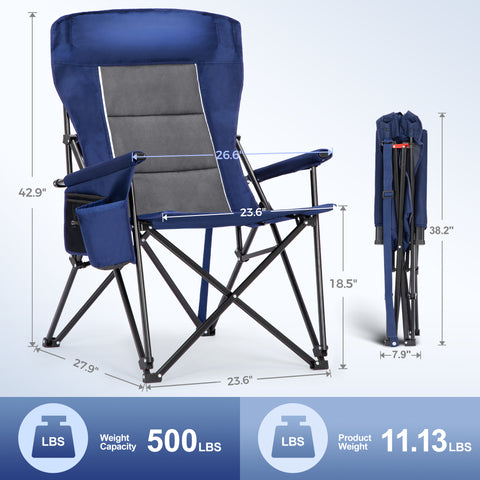 LET'S CAMP Oversized Camping Chairs High Back Heavy Duty Lawn Chair Support 500LBS, Portable Collapsible Chair with Cup Holder, Side Pocket(Blue)