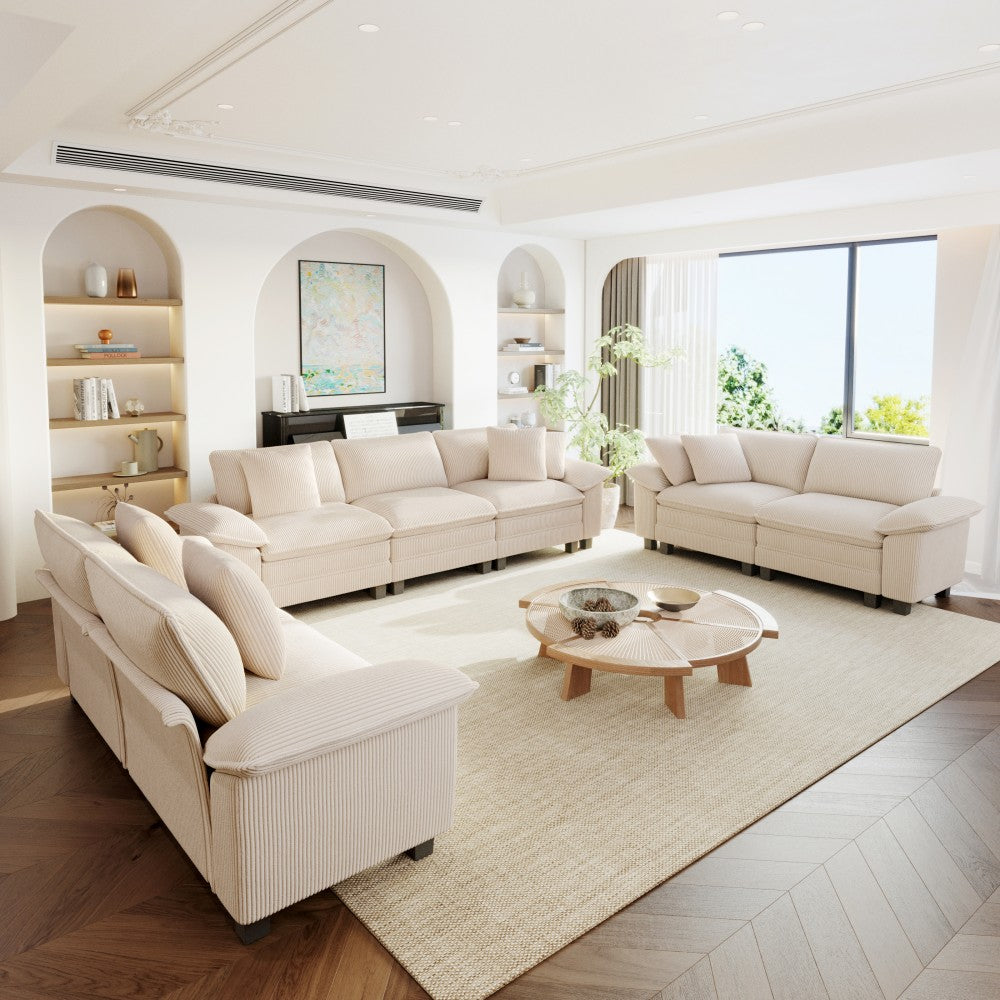 Modern living room with 7 seater  beige sectional sofas, and decorative elements.