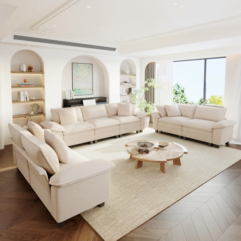 Modern living room with 7 seater  beige sectional sofas, and decorative elements.