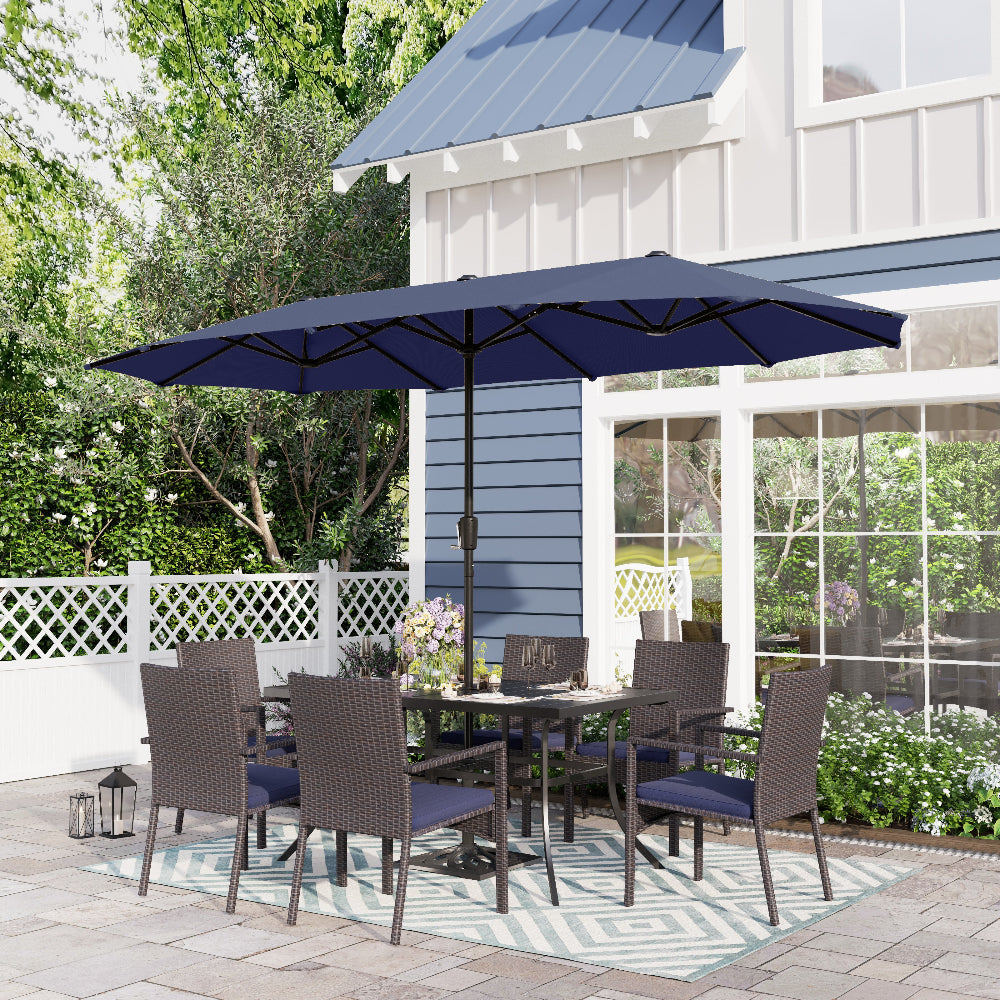 8-Piece 13ft Umbrella Patio Dining Set Rattan Chairs & Steel Panel Table