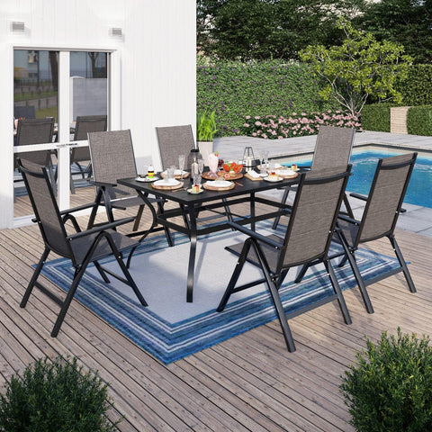 7PC Steel Panel Rectangle Table & 6 Textilene Reclining Foldable Chairs Patio Outdoor Dining Set