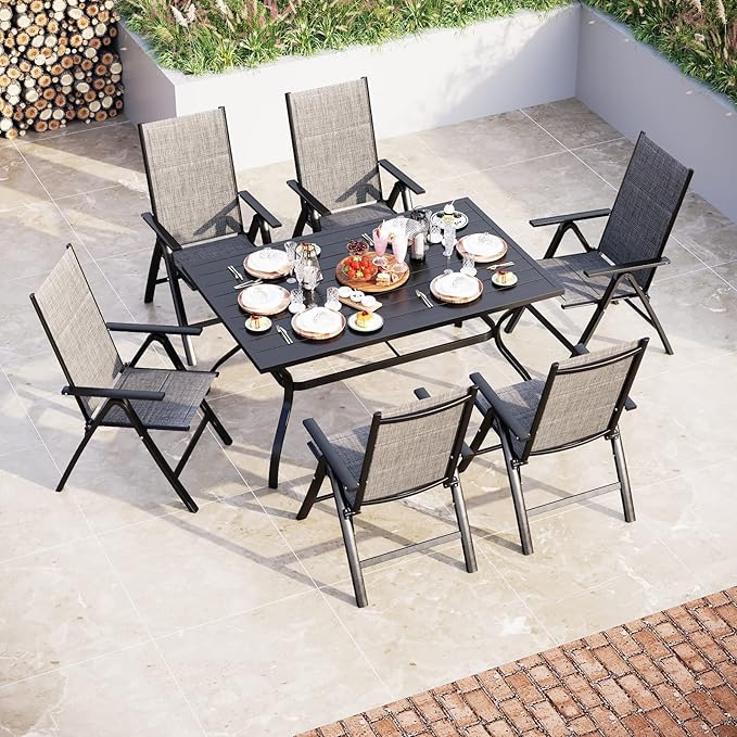 7PC Steel Panel Rectangle Table & 6 Textilene Reclining Foldable Chairs Patio Outdoor Dining Set