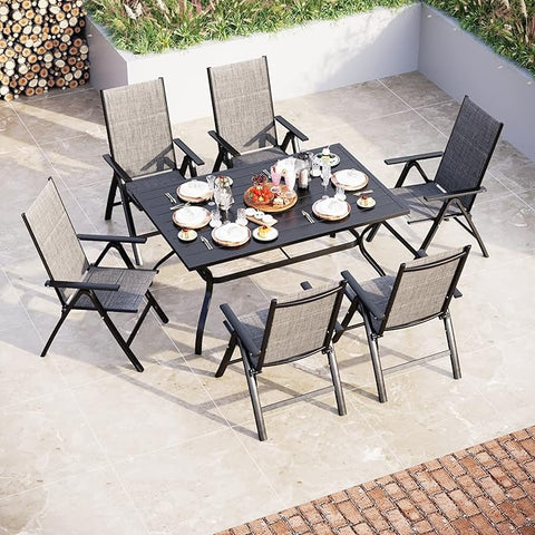 7PC Steel Panel Rectangle Table & 6 Textilene Reclining Foldable Chairs Patio Outdoor Dining Set