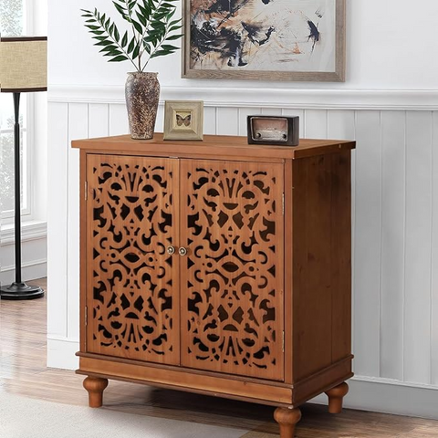 Vintage & Chic Hollow-Carved Accent Cabinet