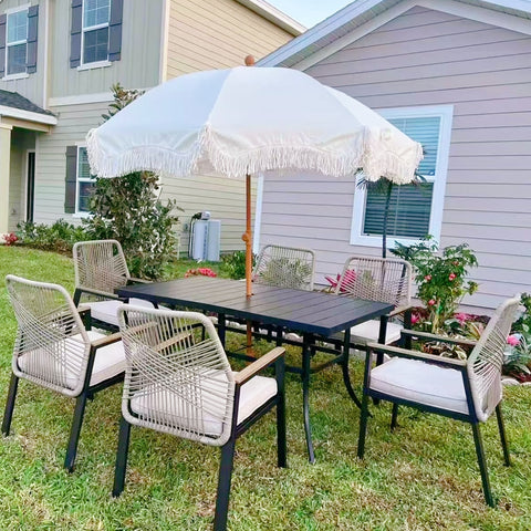 7-Piece Outdoor Patio Dining Set with Handcrafted Rattan Rope Chairs