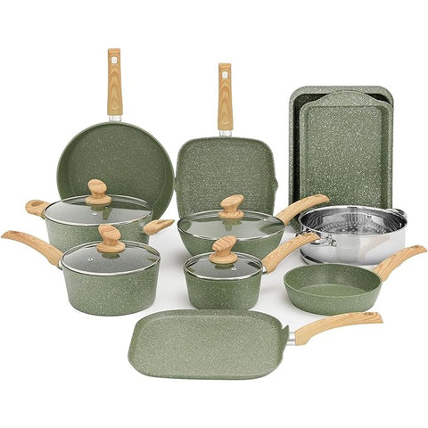 Induction Nonstick Granite-Coating 17 Piece Cookware Set,Kitchen Academy
