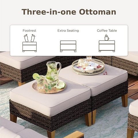 7-Seat Luxurious Half-moon Rattan Sofa with 56" Rattan Fire Pit Table