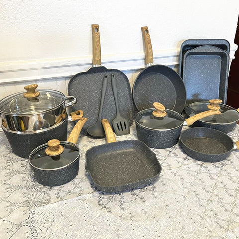 Induction Nonstick Granite-Coating 17 Piece Cookware Set,Kitchen Academy