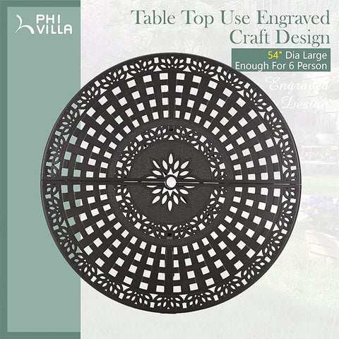 54" Round Cast Aluminum Patio Dining Table for 6 with Umbrella Hole