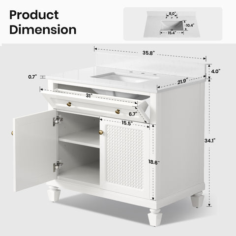36" Free Standing Single Bathroom Vanity with Engineered Marble Top, Ceramic Sink, Backsplash