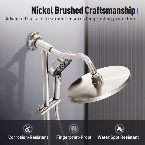 Brushed Nickel Multi-Function Rain Shower Head with Handheld Spray and Adjustable Height