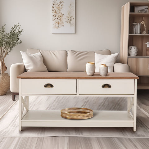 PHI VILLA Farmhouse-Inspired Manufactured Wood Coffee Table