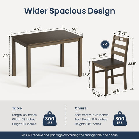 5-Piece Solid Rubber Wood Dining Set for Kitchen and Dining Room