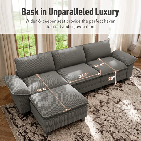 Corduroy Sectional Cloud Sofa with Removable Arms and Ottomans for Living Room