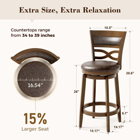 PHI VILLA Rustic Wood Bar Stool with Unique X-Shaped Upholstered Back for Kitchen