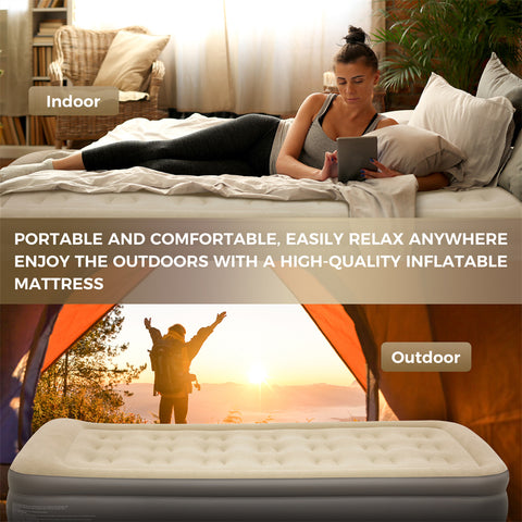 19” Twin Foldable Inflatable Air Mattress with Built-in Pump and Pillow for Camping and Home Guests