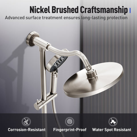 Brushed Nickel Multi-Function Rain Shower Head with Handheld Spray and Adjustable Height