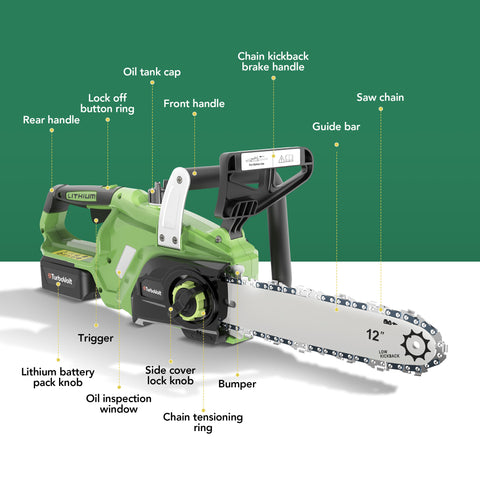 12" Cordless Brushless Chainsaw with Auto Oiling and Safety Brake for Wood Cutting