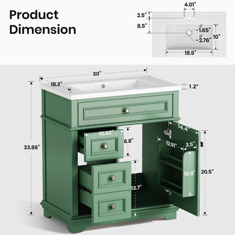Traditional Free Standing Single Bathroom Vanity with One-Piece Ceramic Top and Integrated Sink