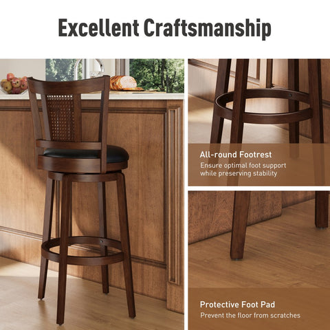 Phi Villa 360° Swivel Retro Wooden Bar Height Stools with Backs