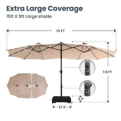15ft Extra Large Double-Sided Patio Umbrella with Solar Powered LED Lights (Base Included)