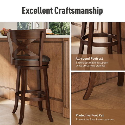 Phi Villa 360° Swivel Retro Wooden Bar Height Stools with Backs