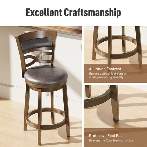 PHI VILLA Rustic Wood Bar Stool with Unique X-Shaped Upholstered Back for Kitchen