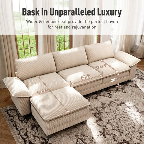 Corduroy Sectional Cloud Sofa with Removable Arms and Ottomans for Living Room