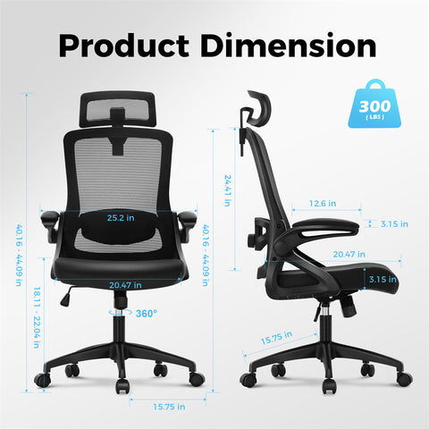 Ergonomic Mesh Office Chair with Adjustable Lumbar Support & Flip-Up Armrests for Home Office & Back-to-School
