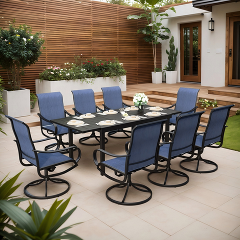 9-Pcs Patio Dining Set with Expandable Table & Denim Blue Textilene Swivel Chair