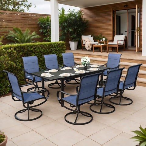 9-Pcs Patio Dining Set with Expandable Table & Denim Blue Textilene Swivel Chair