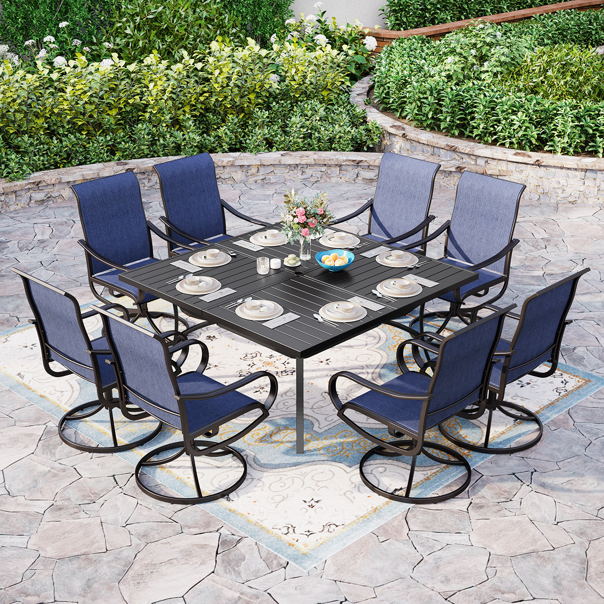 9-Piece Set Extra Large Square Table & Textilene Swivel Chairs