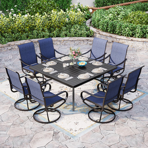 9-Piece Set Extra Large Square Table & Textilene Swivel Chairs