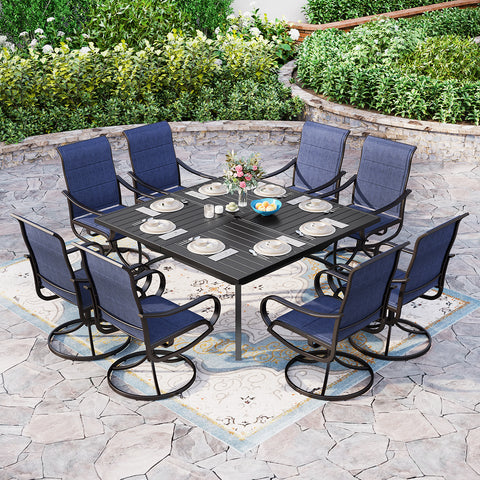 9-Piece Set Extra Large Square Table & Textilene Swivel Chairs