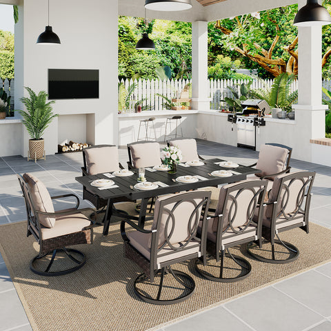 9/7-Piece Patio Dining Sets Reinforced Extendable Table & Thick-Cushion Swivel Chairs