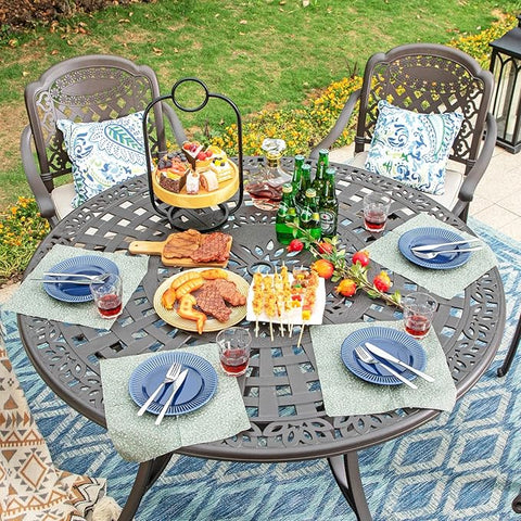 54" Round Cast Aluminum Patio Dining Table for 6 with Umbrella Hole