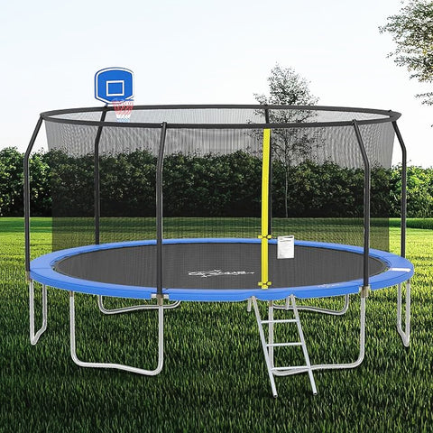 Outdoor Trampoline with Basketball Hoop and Ladder