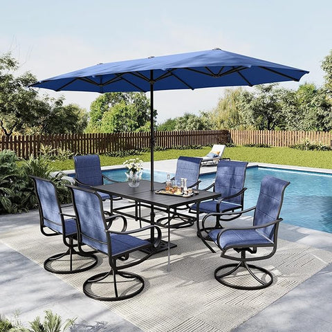 8-Piece 13ft Umbrella Patio Dining Set with Denim Blue / Grey Textilene Swivel Chair