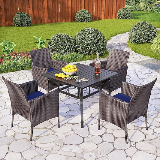 Square Table & Rattan Cushioned Dining Chairs 5-Piece Outdoor Dining Set