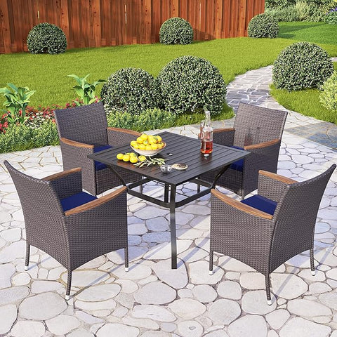 Square Table & Rattan Cushioned Dining Chairs 5-Piece Outdoor Dining Set