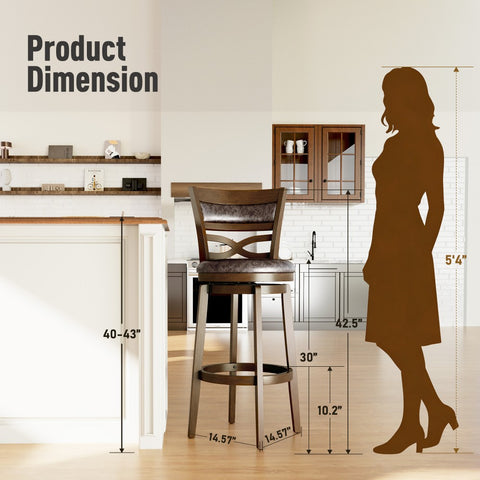 PHI VILLA Rustic Wood Bar Stool with Unique X-Shaped Upholstered Back for Kitchen